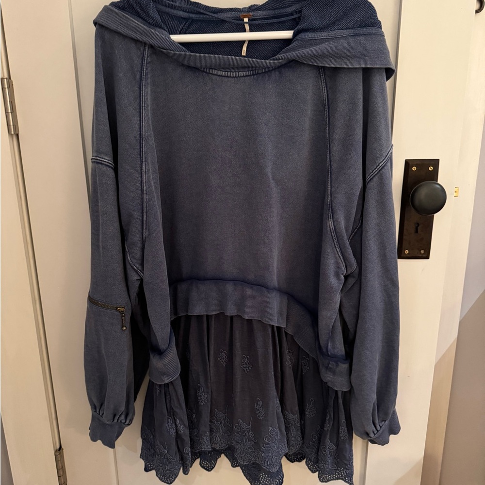 Free People Blue Hoodie Tunic with Lace Hem - Picture 2 of 6